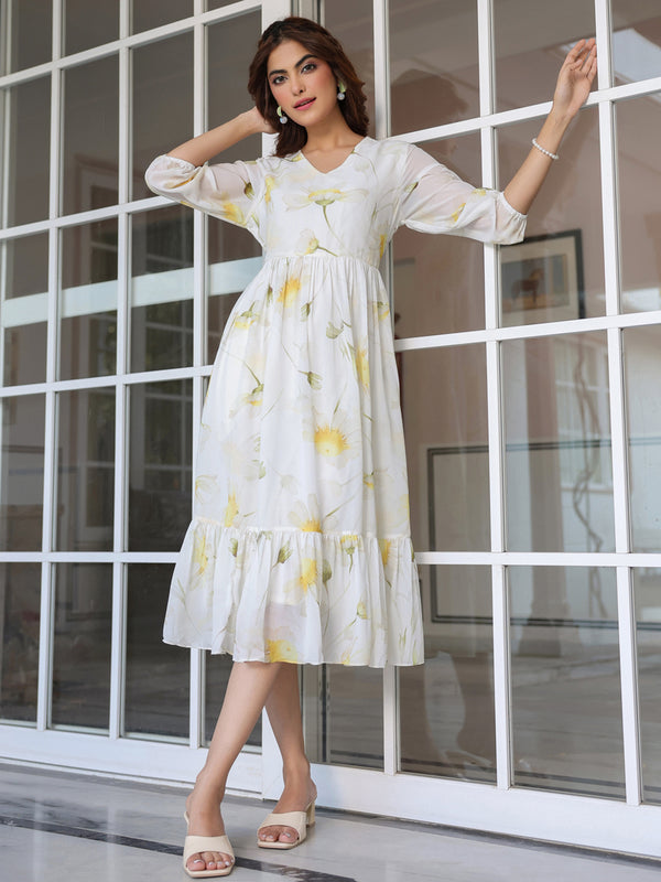 Janasya Light Georgette Floral Tiered Dress