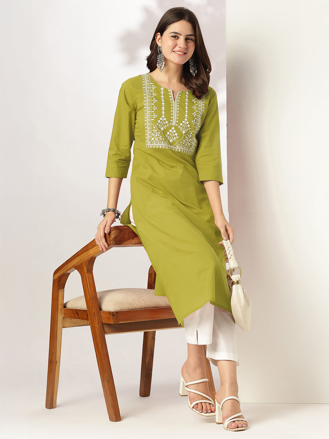 Janasya Dark Cotton Yoke Embroidery Straight Kurta