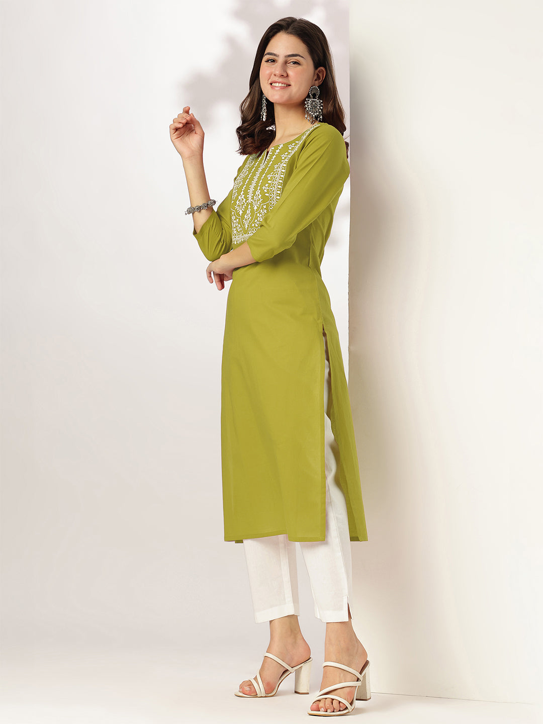 Janasya Dark Cotton Yoke Embroidery Straight Kurta