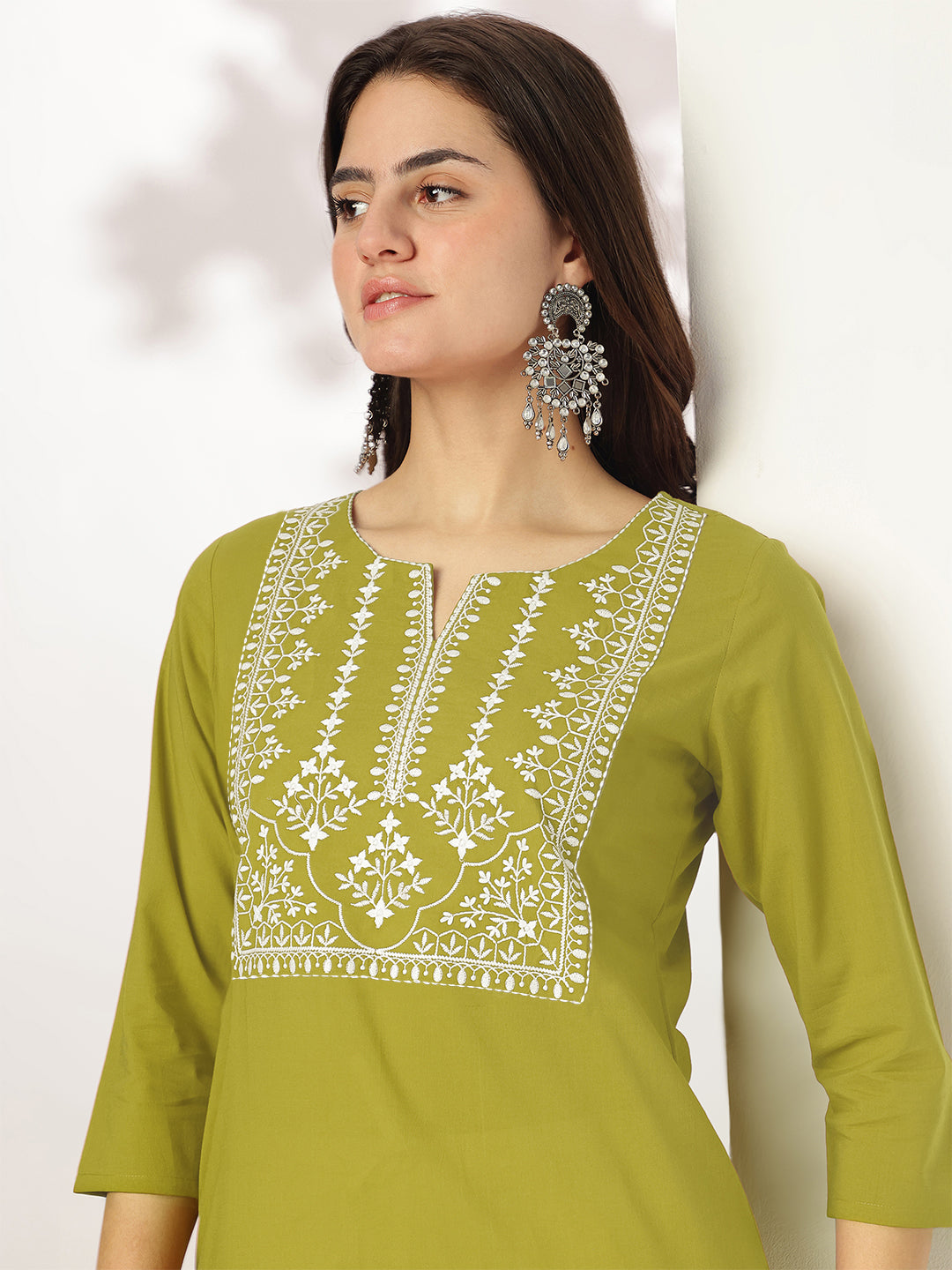 Janasya Dark Cotton Yoke Embroidery Straight Kurta