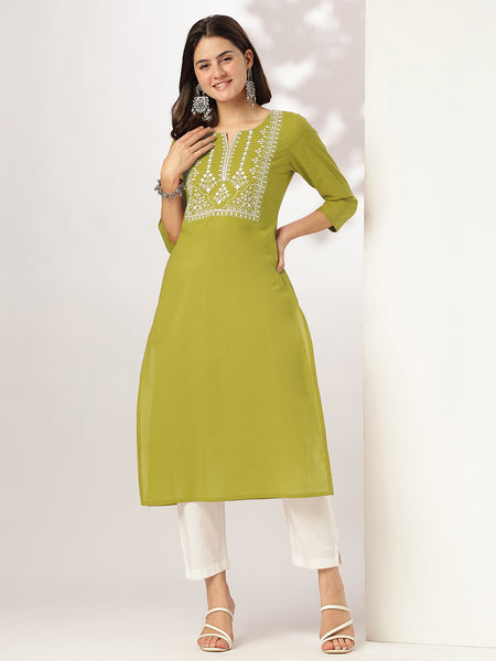 Janasya Dark Cotton Yoke Embroidery Straight Kurta