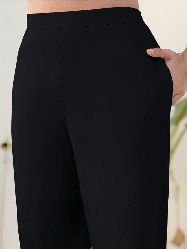 Janasya Black Cotton Solid Pant