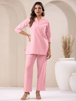 Thumbnail for Janasya Pink Cotton Solid Pant