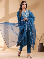 Thumbnail for Janasya Dark Silk Blend Embroidered Straight Kurta Set