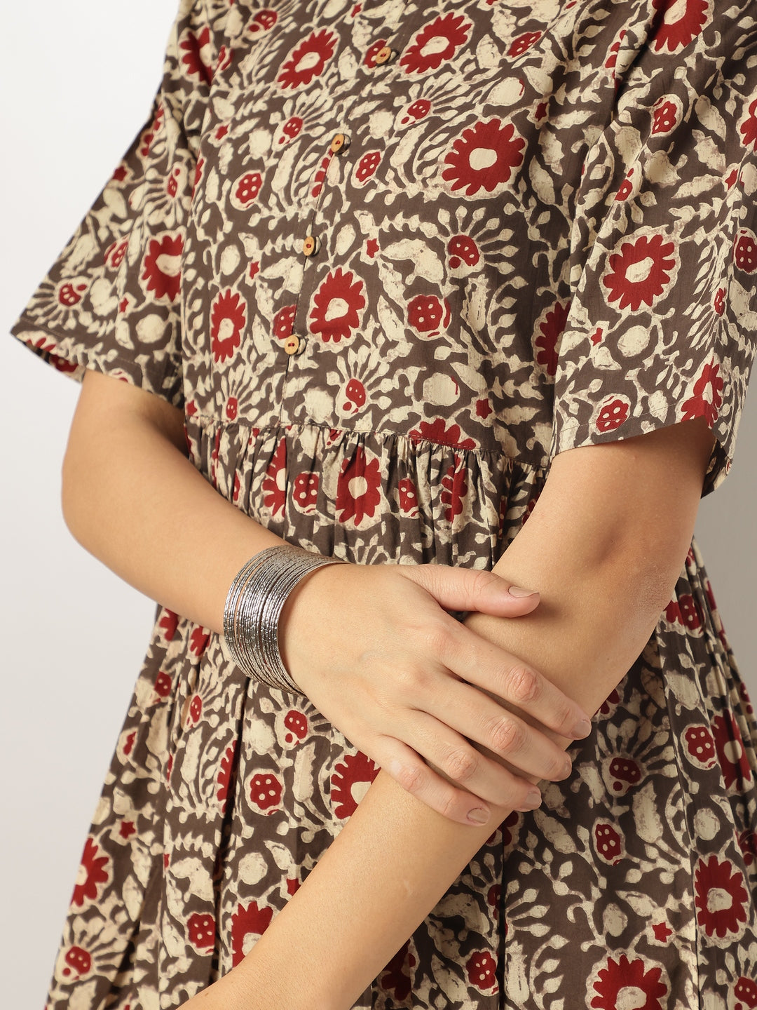 Janasya Dark Cotton Floral A-Line Kurta Set
