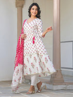 Thumbnail for Janasya Light Cotton Floral Angrakha Kurta Set