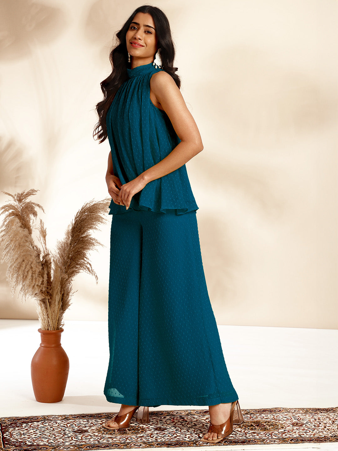 Janasya Dark Chiffon Self Design Gathered Top & Bottom Set
