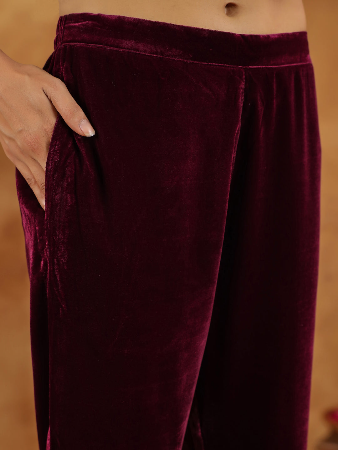 Janasya Wine Velvet Embroidered Kurta & Bottom - Distacart