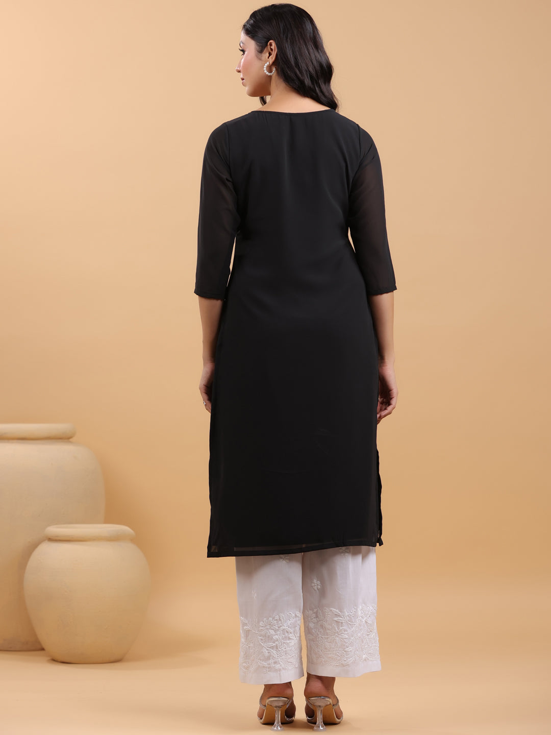 Janasya Black Weightless Georgette Embroidered Kurta - Distacart