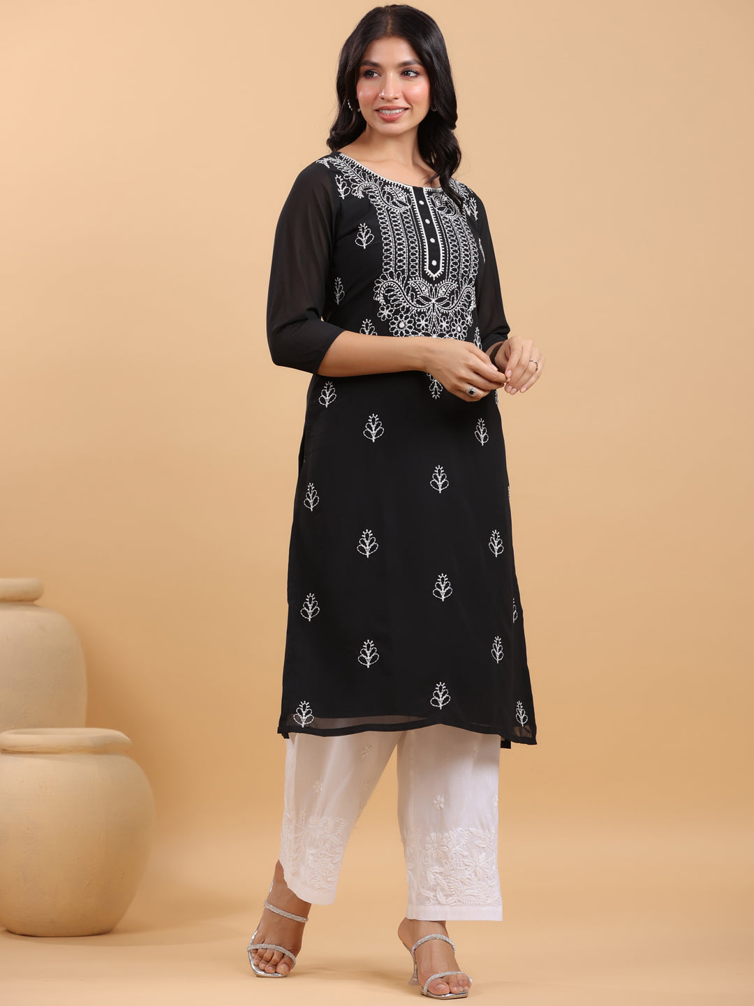 Janasya Black Weightless Georgette Embroidered Kurta - Distacart