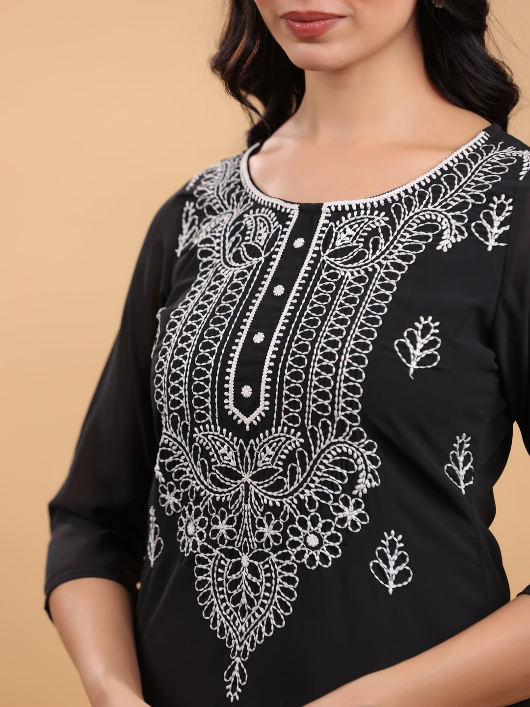 Janasya Black Weightless Georgette Embroidered Kurta - Distacart