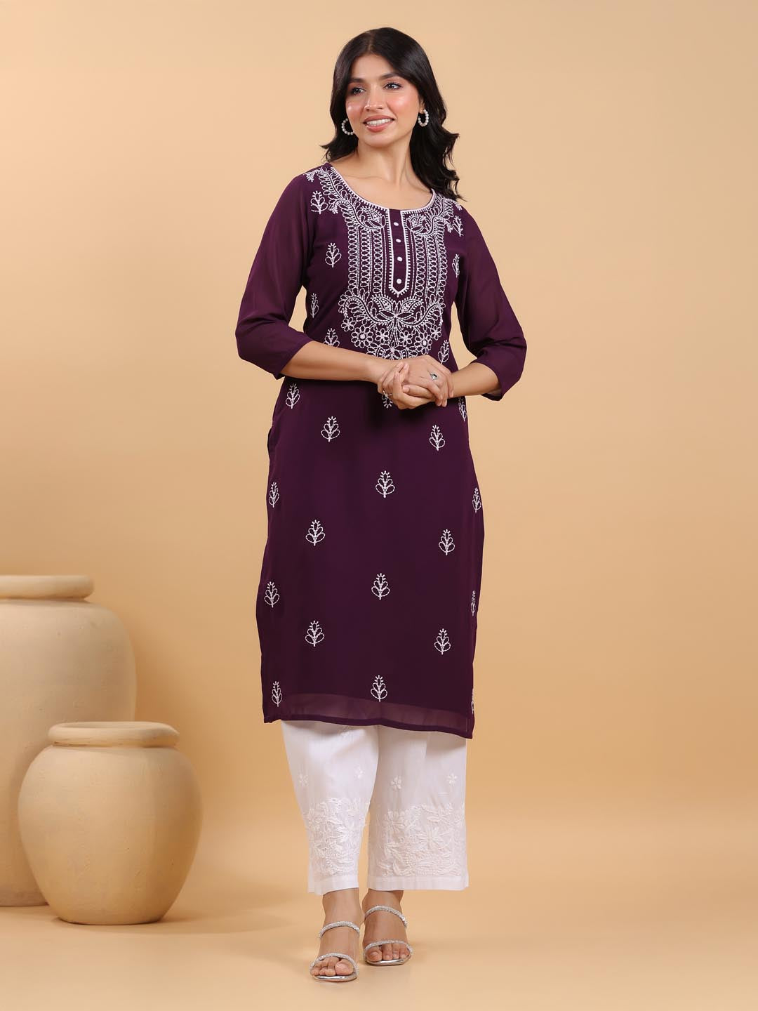 Janasya Purple Weightless Georgette Embroidered Kurta - Distacart