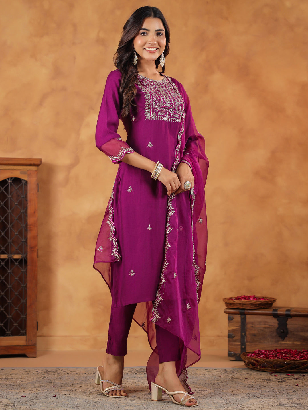 Janasya Purple Premium Chinnon Embroidered Kurta,Bottom & Dupatta - Distacart