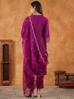 Thumbnail for Janasya Purple Premium Chinnon Embroidered Kurta,Bottom & Dupatta - Distacart