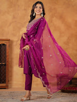 Thumbnail for Janasya Purple Premium Chinnon Embroidered Kurta,Bottom & Dupatta - Distacart