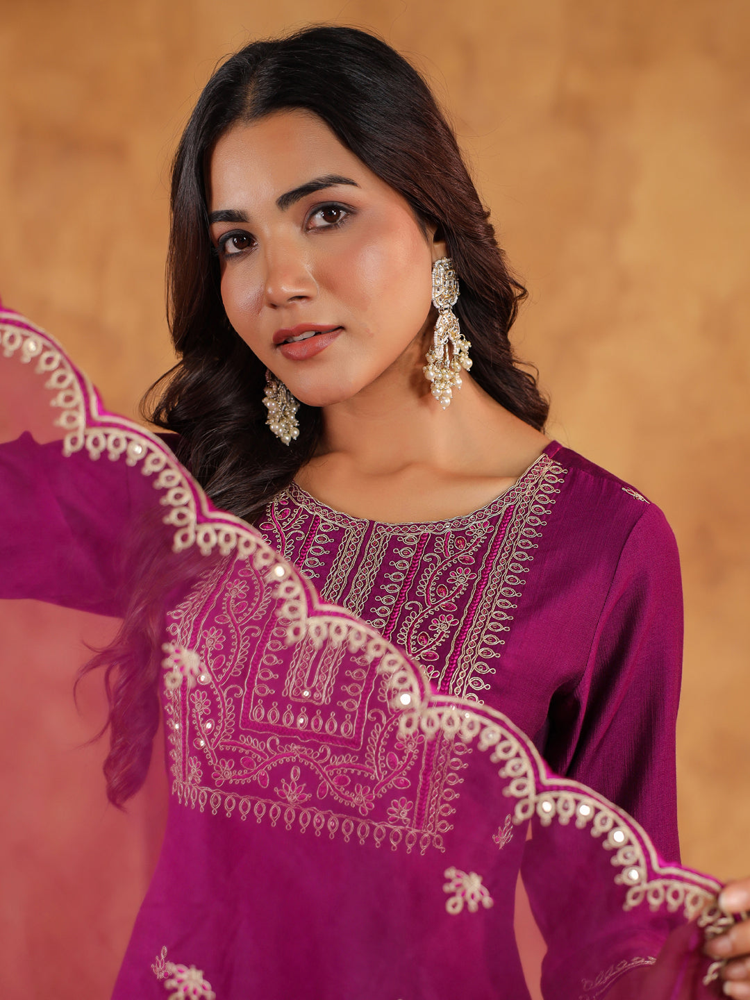 Janasya Purple Premium Chinnon Embroidered Kurta,Bottom & Dupatta - Distacart