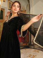 Thumbnail for Janasya Black Velvet Embroidered Kurta,Bottom & Dupatta - Distacart