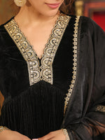 Thumbnail for Janasya Black Velvet Embroidered Kurta,Bottom & Dupatta - Distacart
