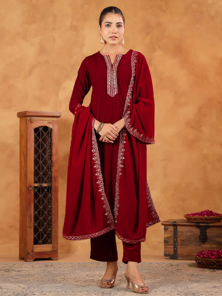 Janasya Maroon Velvet Embroidered Kurta,Bottom & Dupatta - Distacart