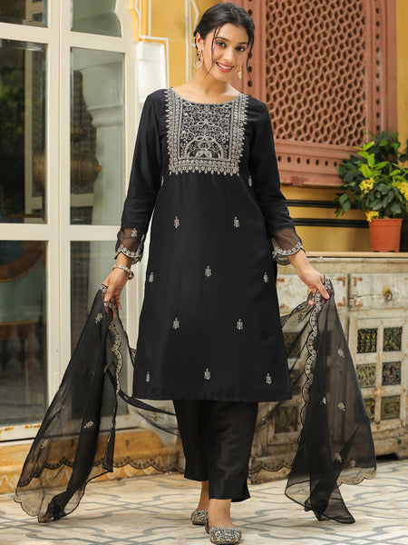Janasya Black Premium Chinnon Embroidered Kurta,Bottom & Dupatta - Distacart
