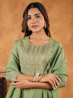 Thumbnail for Janasya Sage Premium Chinnon Embroidered Kurta,Bottom & Dupatta - Distacart