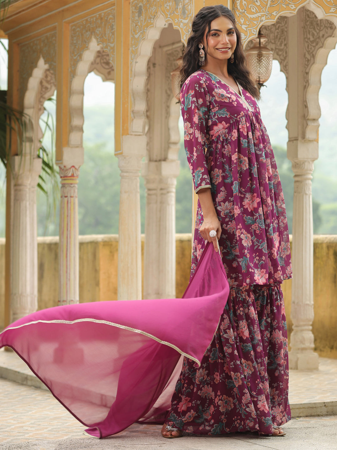 Janasya Purple Weightless Georgette Printed Kurta,Bottom & Dupatta - Distacart