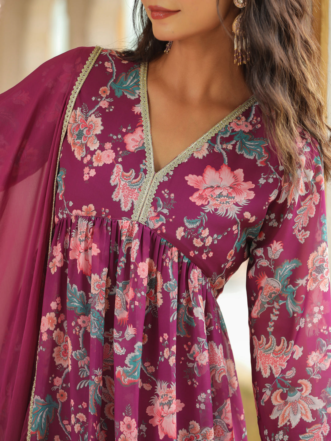 Janasya Purple Weightless Georgette Printed Kurta,Bottom & Dupatta - Distacart