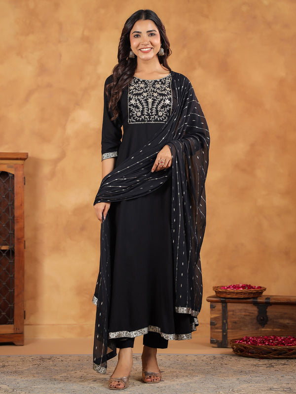 Janasya Black Rayon Embroidered Kurta,Bottom & Dupatta - Distacart