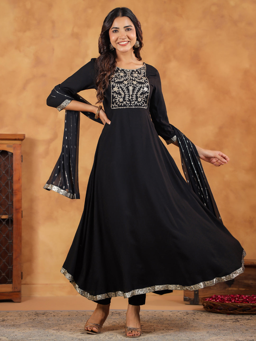 Janasya Black Rayon Embroidered Kurta,Bottom & Dupatta - Distacart