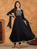 Thumbnail for Janasya Black Rayon Embroidered Kurta,Bottom & Dupatta - Distacart