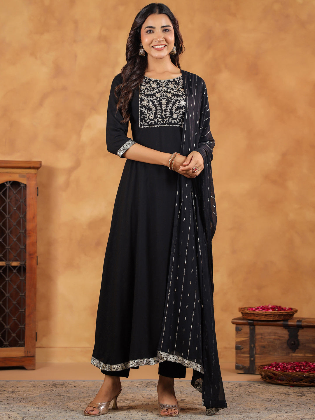 Janasya Black Rayon Embroidered Kurta,Bottom & Dupatta - Distacart