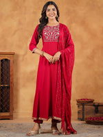 Thumbnail for Janasya Pink Rayon Embroidered Kurta,Bottom & Dupatta - Distacart