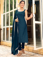 Thumbnail for Janasya Dark Rayon Foil Print Straight Kurta Set