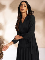 Thumbnail for Janasya Dark Dobby Chiffon Woven Design Tiered Dress