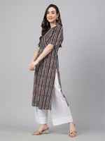 Thumbnail for Janasya Dark Cotton Geometric Straight Kurta