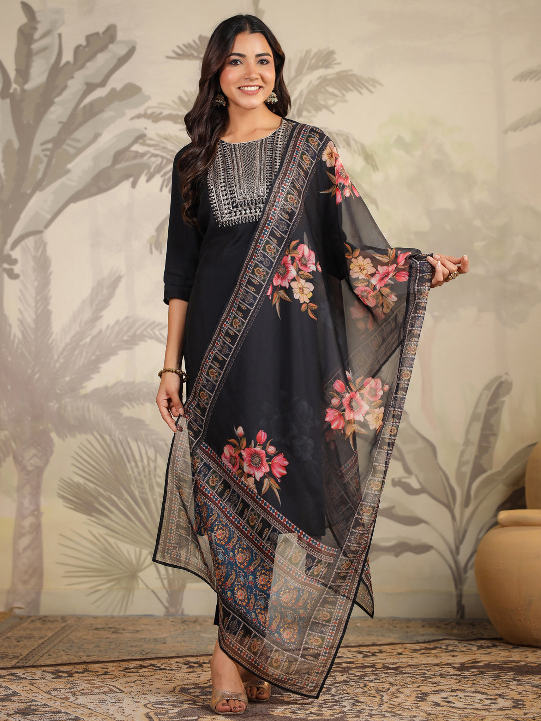Janasya Dark Chanderi Yoke Embroidery Straight Kurta Set