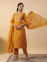 Thumbnail for Janasya Bright Cotton Blend Yoke Embroidery Straight Kurta Set