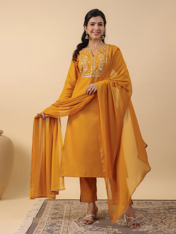 Janasya Bright Cotton Blend Yoke Embroidery Straight Kurta Set
