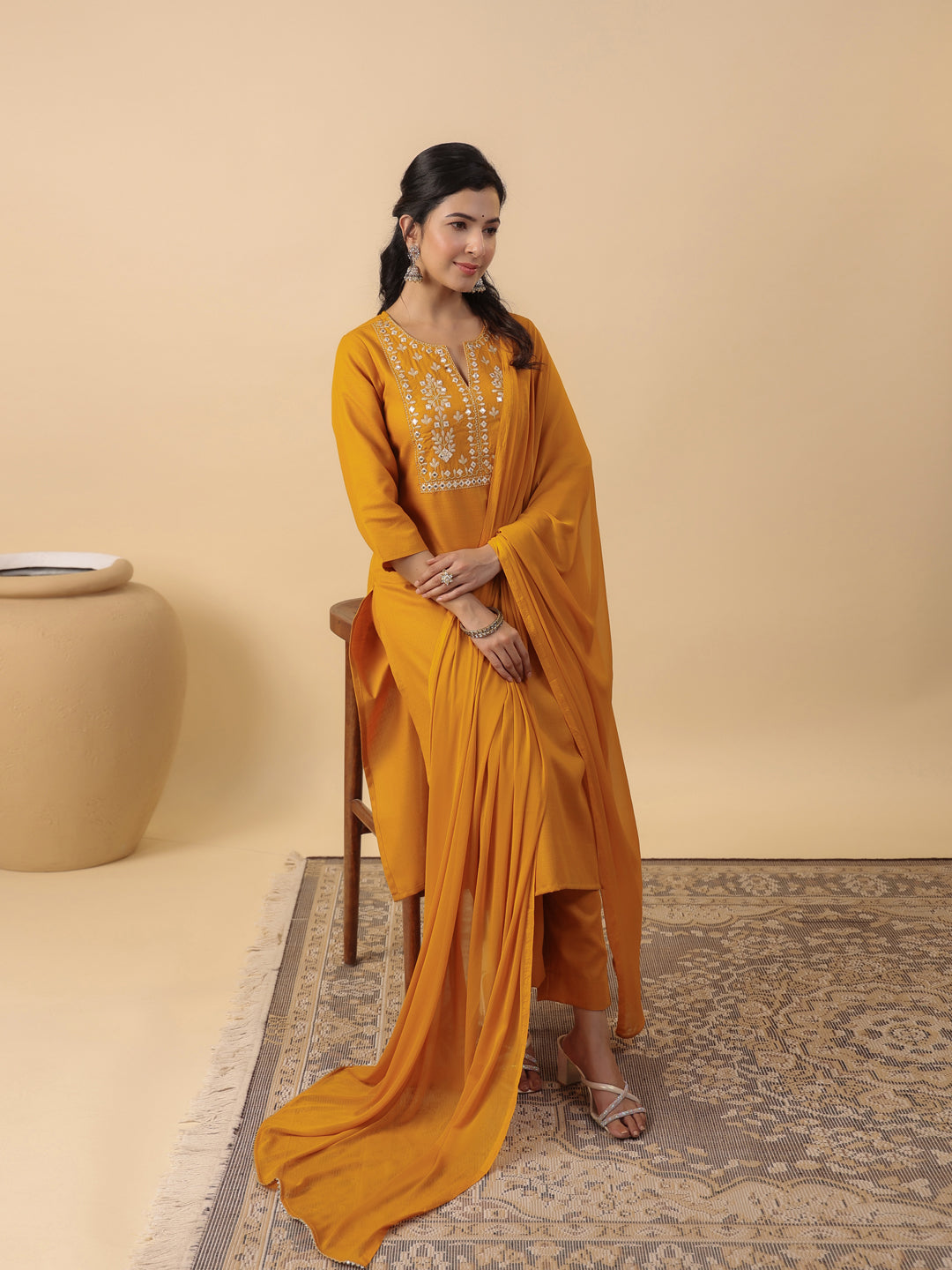 Janasya Bright Cotton Blend Yoke Embroidery Straight Kurta Set