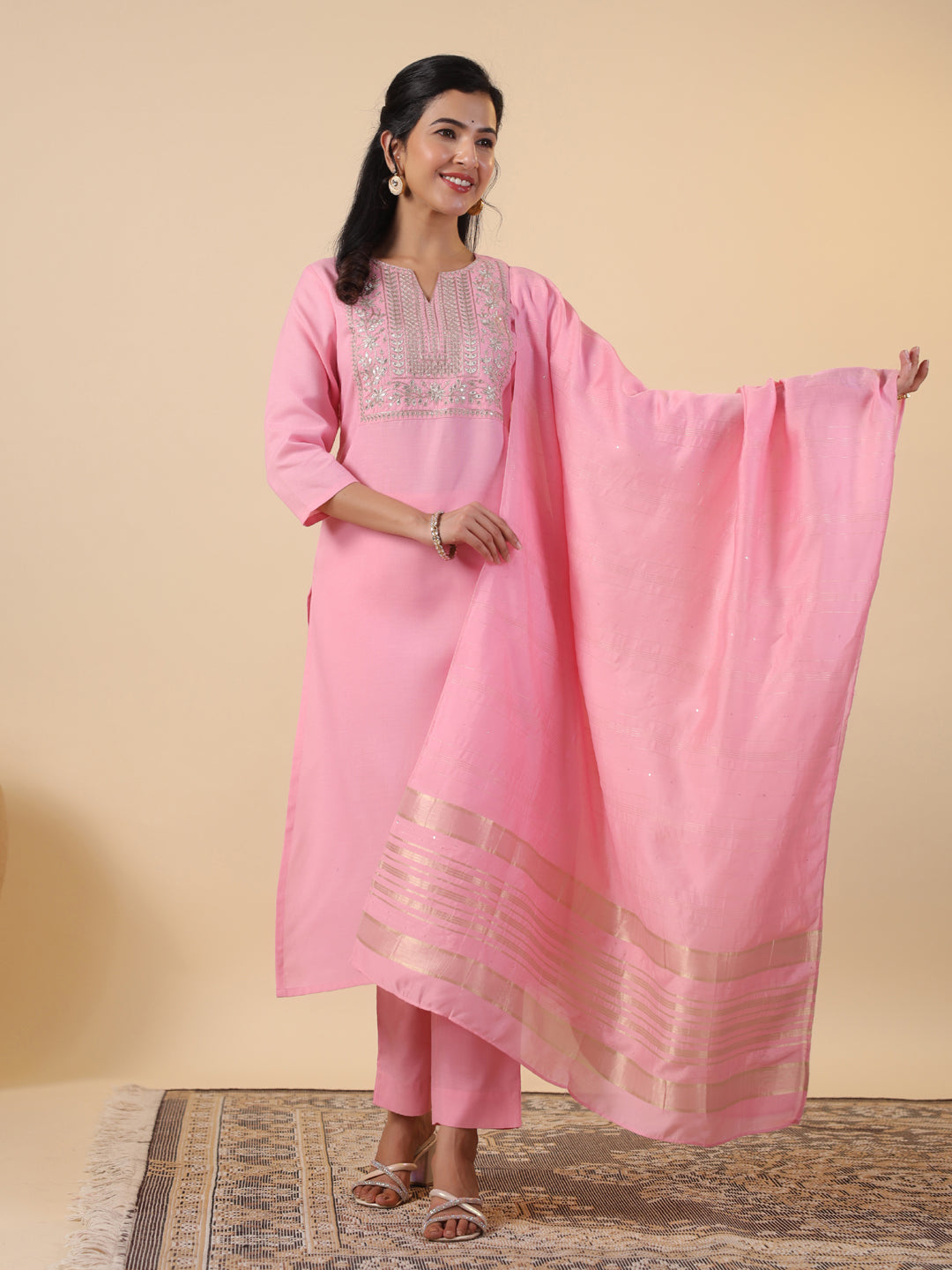Janasya Light Cotton Blend Embroidered Straight Kurta Set