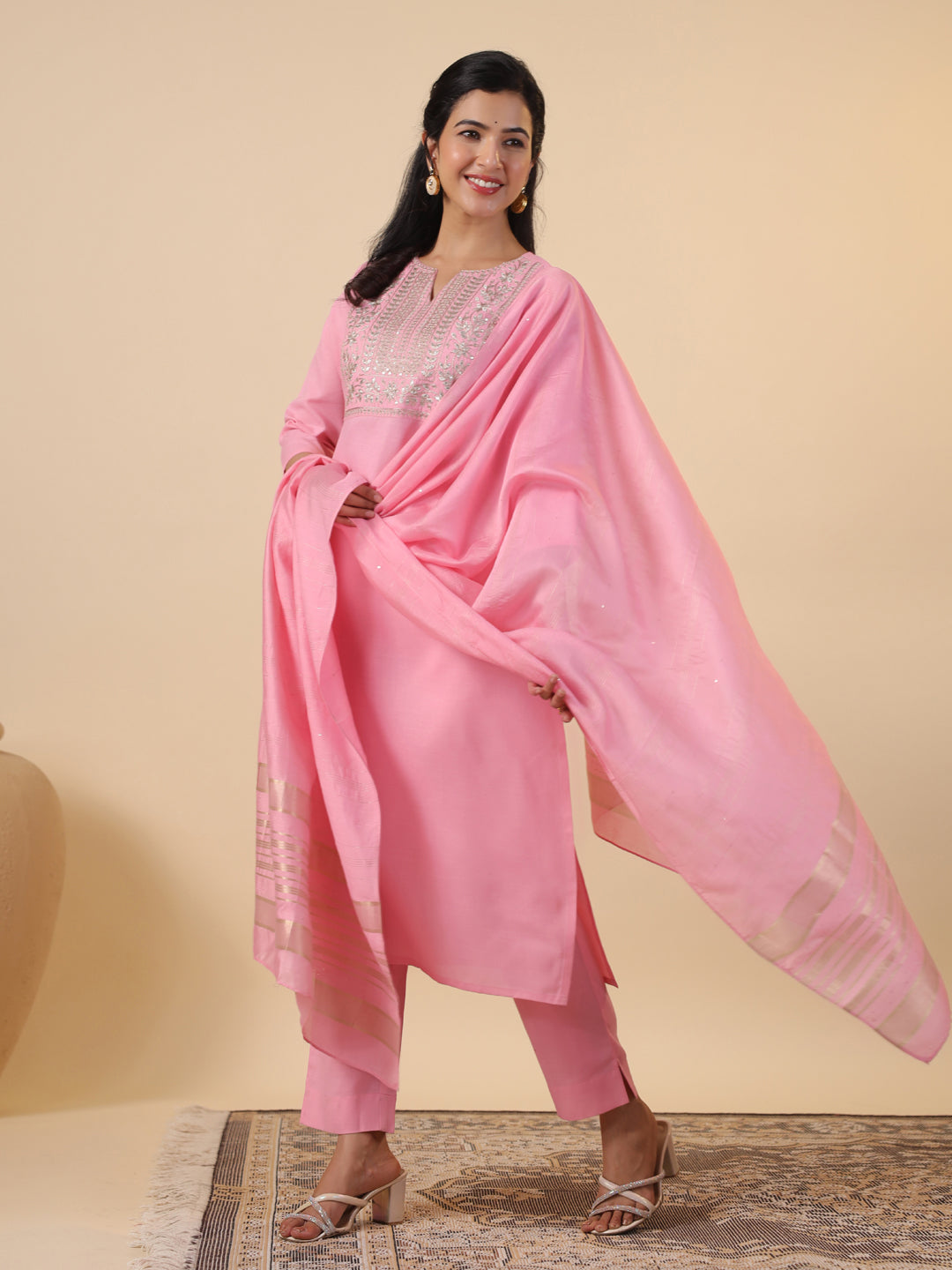 Janasya Light Cotton Blend Embroidered Straight Kurta Set