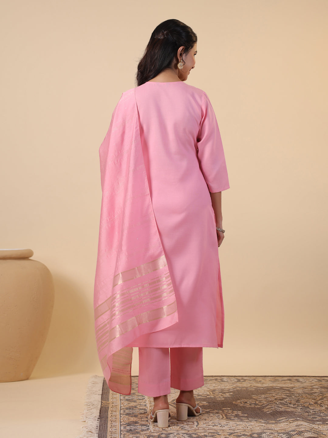 Janasya Light Cotton Blend Embroidered Straight Kurta Set