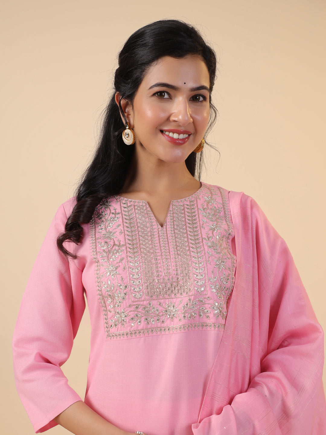 Janasya Light Cotton Blend Embroidered Straight Kurta Set