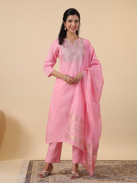Janasya Light Cotton Blend Embroidered Straight Kurta Set