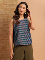 Thumbnail for Janasya Dark Cotton Floral Regular Top