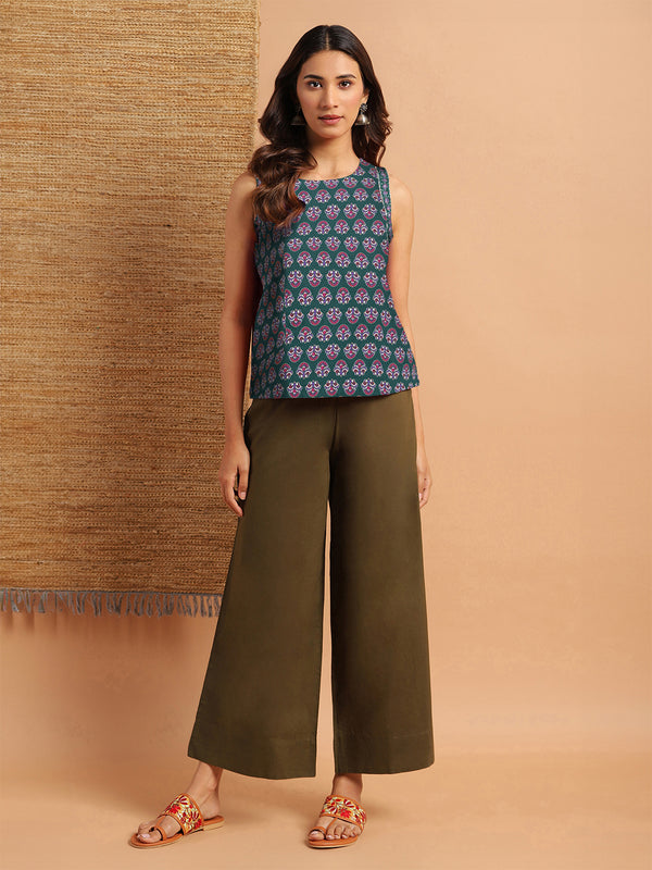 Janasya Dark Cotton Floral Regular Top