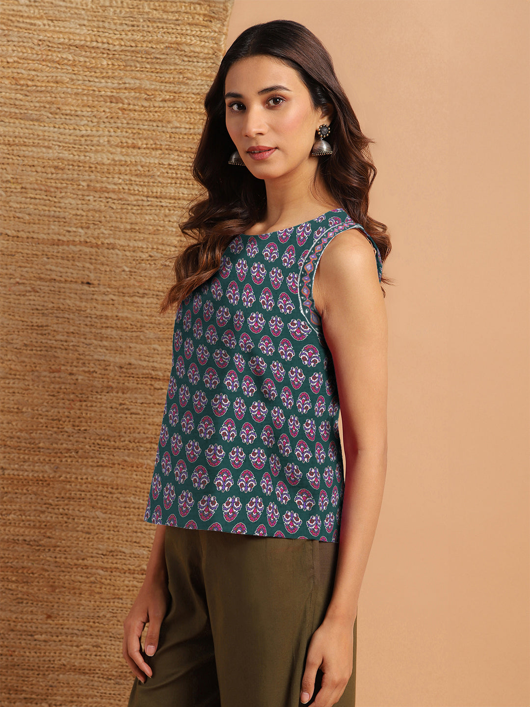 Janasya Dark Cotton Floral Regular Top