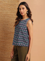 Thumbnail for Janasya Dark Cotton Floral Regular Top