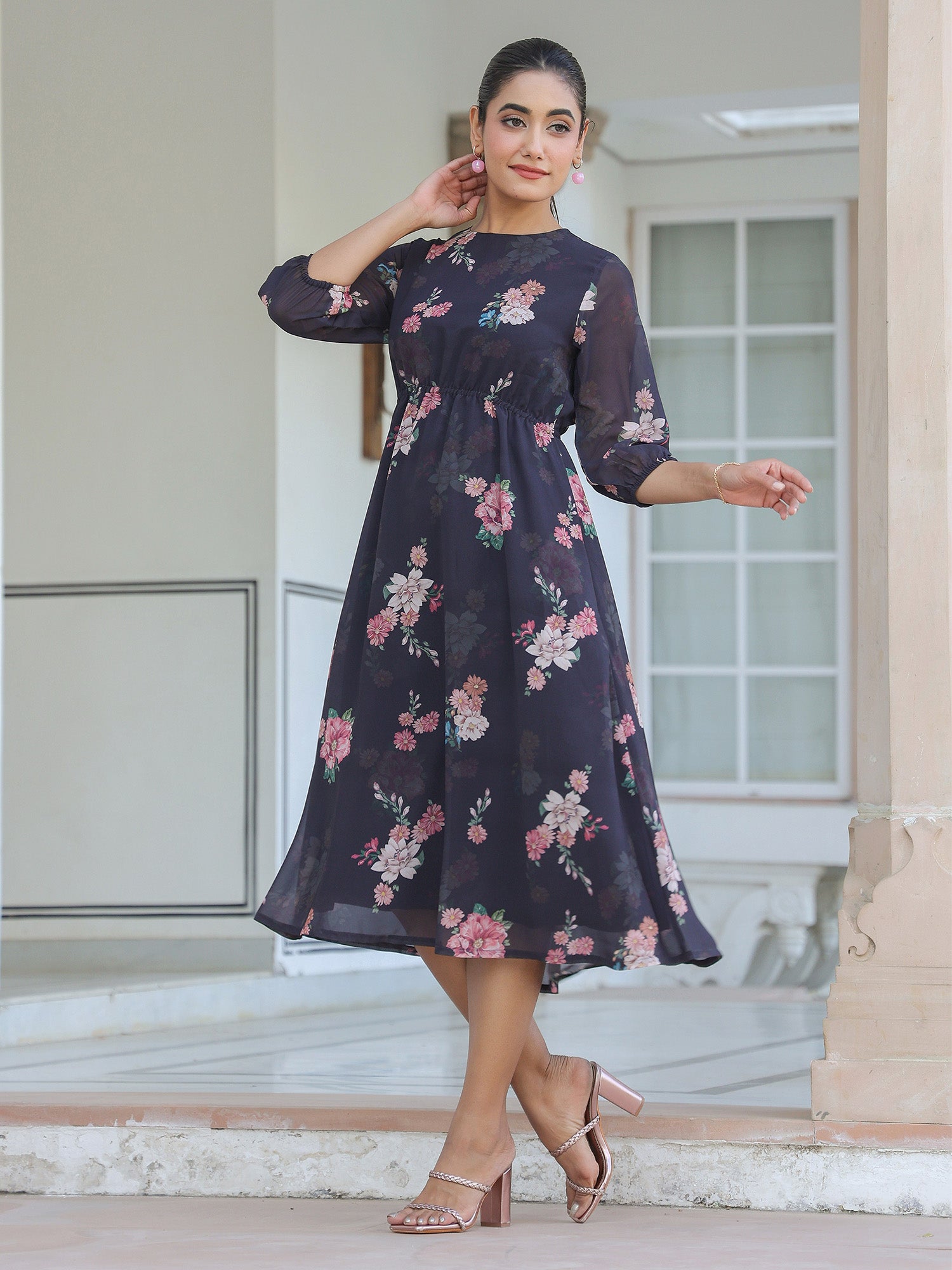 Janasya Dark Georgette Floral A-Line Dress