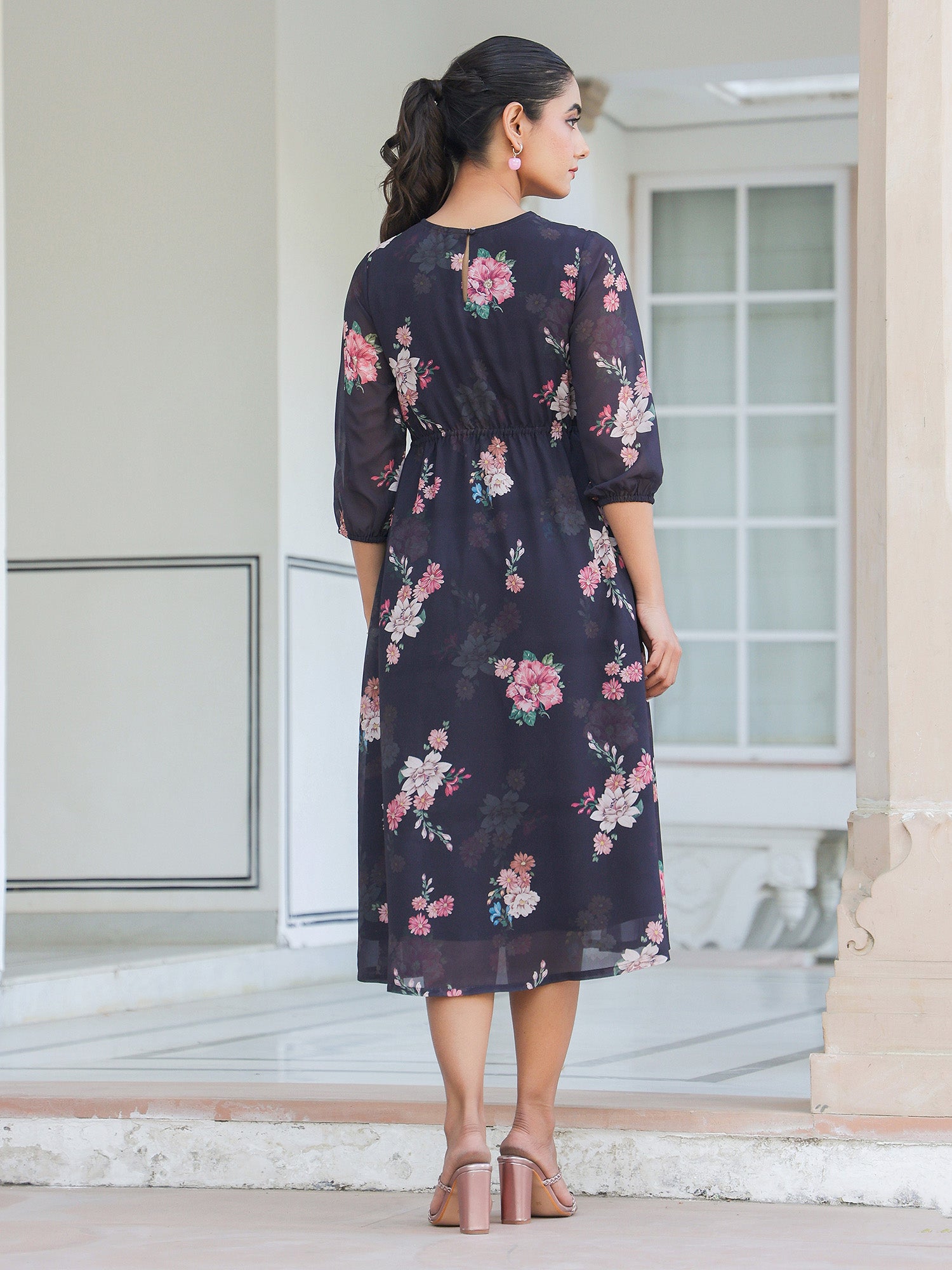 Janasya Dark Georgette Floral A-Line Dress